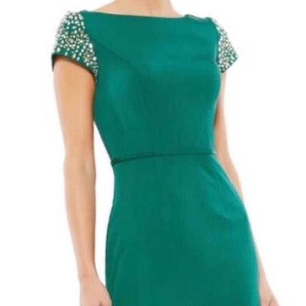 Mac Duggal Teal Dress with Embellished Sleeves